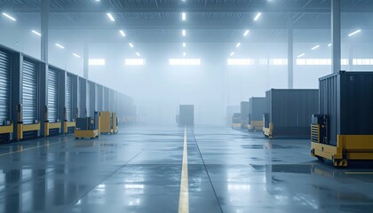 Poster - Misty High-Tech Shipping Depot with Barcode Scanners and No People