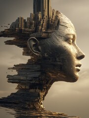 Poster - A surreal digital artwork depicting a metallic female head, its form fragmented into a cityscape, evoking themes of urban integration and human consciousness. : Generative AI