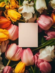 Poster - A delicate arrangement of pink, yellow, and white tulips surrounds a blank beige card, perfect for spring greetings or announcements. : Generative AI