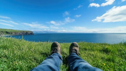 Poster - Feet standing in tall grass overlooking the ocean, with blue water and sun in background