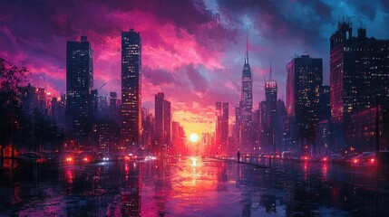 Poster - Pixel art city sunset with pink and purple skyscrapers reflected on wet street, vibrant retro style digital urban landscape illustration