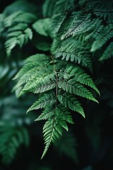 Aufkleber - Close-up view of a vibrant green fern frond, showcasing intricate details of its leaflets and textures against a dark, blurred background. : Generative AI