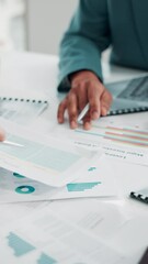 Aufkleber - Hands, documents and charts for meeting at office with review, team and investment planning with stats at company. People, paperwork and graphs for stock market research with report at finance agency