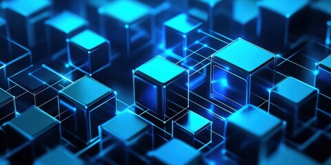 Poster - Abstract 3D rendering of interconnected glowing blue cubes, representing digital network, technology, or data flow.  The image showcases a futuristic and technological aesthetic. : Generative AI