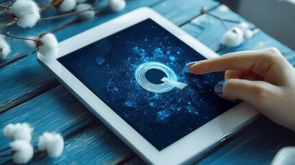 Poster - Woman's finger interacts with a digital tablet displaying a glowing letter Q, surrounded by a network of interconnected nodes and lines, on a blue wooden table with cotton flowers. : Generative AI