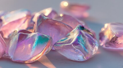 Aufkleber - Close-up view of iridescent, pink, glass stones scattered on a light surface, reflecting soft light, creating a dreamy, ethereal mood. : Generative AI