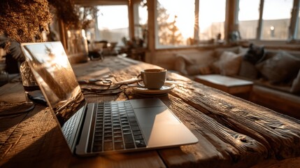 Poster - Laptop and coffee cup on rustic wooden table bathed in warm sunlight, reflecting tranquil morning scene. : Generative AI
