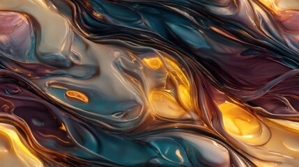 Poster - Abstract swirling metallic paint texture with gold, teal, and purple hues creating a dynamic, luxurious, and visually captivating design. : Generative AI