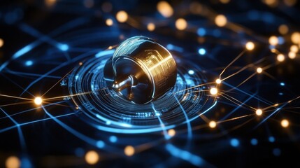 Poster - Futuristic spinning top on a glowing, circular digital interface with a network of interconnected nodes, showcasing technological advancement and innovation. : Generative AI