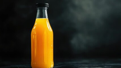 Poster - A glass bottle filled with orange juice sits on a table