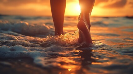 Poster - Woman's feet walking in ocean waves at sunset, golden hour light illuminating the water and skin, creating a serene and peaceful atmosphere. : Generative AI