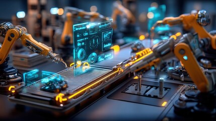 Poster - Automated factory robotic arms with futuristic holographic interface display, showcasing advanced manufacturing technology and digital control systems. : Generative AI