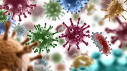 Poster - Microscopic view of various viruses and bacteria, showcasing diverse shapes, colors, and textures.  Detailed 3D render of pathogens, ideal for medical or scientific visuals. : Generative AI