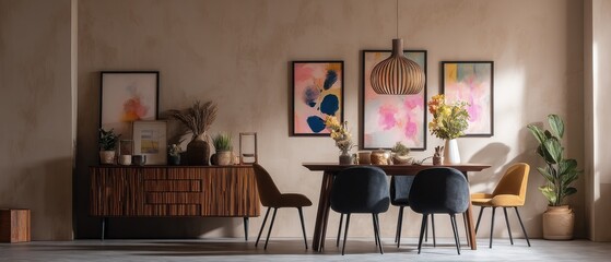 Poster - Modern dining room interior with wooden table, dark chairs, and abstract art, showcasing a warm, earthy color palette and natural elements. : Generative AI