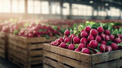 Poster - A wooden crate brimming with freshly harvested red radishes, nestled amongst other crates in a sunlit warehouse setting, showcasing vibrant color and agricultural abundance. : Generative AI