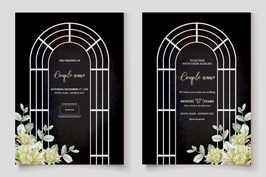 WEDDING INVITATION FRAME WITH FLOWER DECORATIONS AND FRESH LEAVES