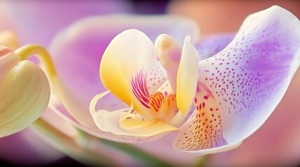 Poster - Close-up view of a vibrant orchid blossom, showcasing its delicate petals in shades of purple, yellow, and white, with intricate details and textures. : Generative AI