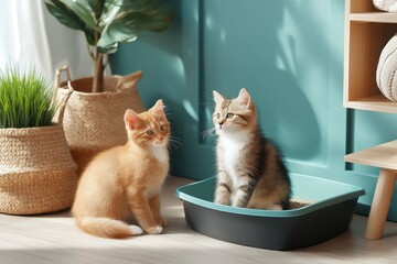 Poster - Two adorable kittens, one ginger and one tabby, sit near a modern cat litter box in a sunlit room with teal walls and natural decor. : Generative AI