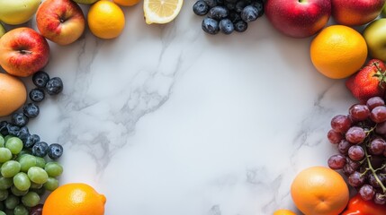 Poster - A vibrant arrangement of fresh fruits and berries forms a circular border on a marble surface, leaving a central space for text or design elements. : Generative AI