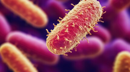 Poster - Microscopic view of a single bacterium, rod-shaped with numerous fimbriae, surrounded by a blurred background of similar microorganisms in varying shades of orange and purple. : Generative AI