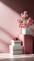 Poster - Pink gift boxes stacked with delicate cherry blossoms in a white cube vase, bathed in soft sunlight against a pale pink wall. : Generative AI