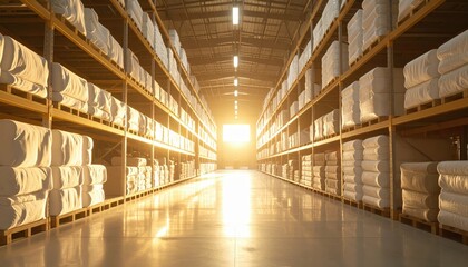 Poster - Minimalist Textile Warehouse with Shelving Units During Golden Hour