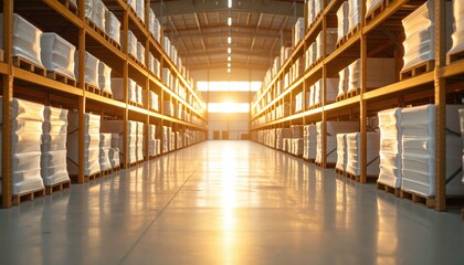 Poster - Minimalist Textile Warehouse with Shelving Units During Golden Hour