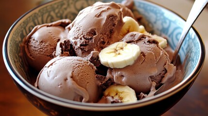 Aufkleber - A bowl of delicious chocolate ice cream scoops topped with banana slices and chocolate shavings, a perfect summer dessert. : Generative AI