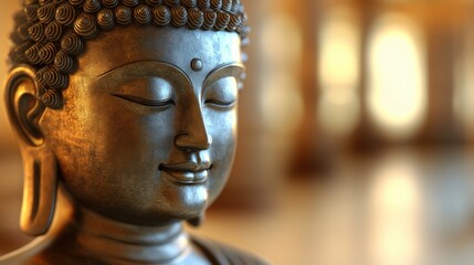 Poster - Close-up view of a serene bronze buddha statue, eyes closed, exhibiting a peaceful expression, set against a softly blurred warm-toned background. : Generative AI