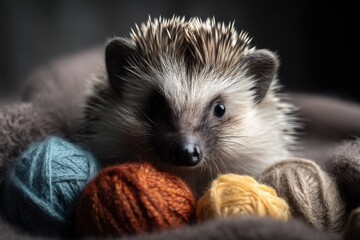 Poster - Adorable hedgehog nestled amongst balls of yarn, showcasing its charming face and spiky quills.  The soft, muted tones create a cozy and heartwarming scene. : Generative AI