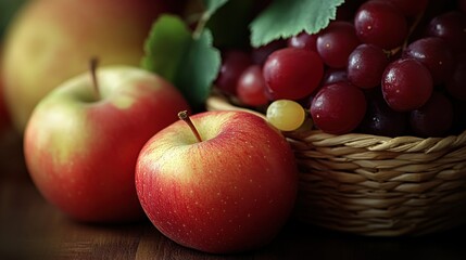 Poster - Close-up of ripe red apples and a basket of red grapes, showcasing the vibrant colors and textures of autumn harvest fruits. : Generative AI