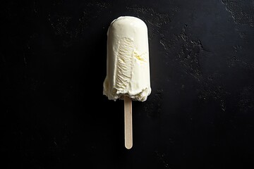 Aufkleber - A partially eaten vanilla ice cream bar on a dark background, the creamy texture is visible, a wooden stick is attached. : Generative AI