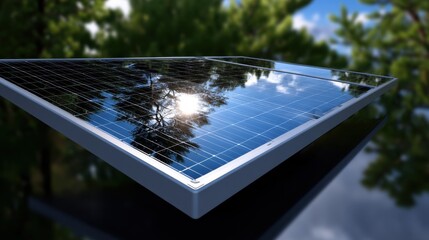 Poster - Close-up view of a modern solar panel reflecting sunlight and trees, showcasing its sleek design and clean energy potential. : Generative AI
