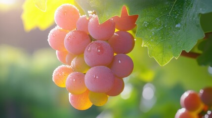 Poster - Close-up of a dewy bunch of pink grapes hanging from a vine, sunlight illuminating the scene, showcasing the vibrant color and texture of the fruit. : Generative AI