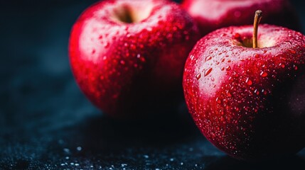 Poster - Close-up of three red apples with water droplets, dark background, vibrant color, juicy texture, healthy fruit, delicious snack, autumn harvest, still life photography. : Generative AI