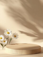 Aufkleber - Elegant wooden podium with three daisies, bathed in soft sunlight, creating a serene and minimalist product display scene. : Generative AI
