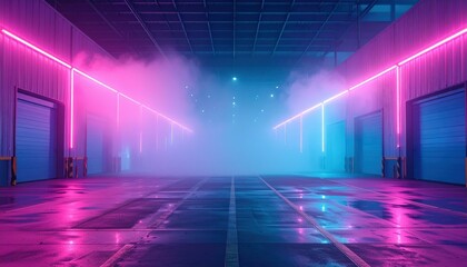 Poster - Neon Lit Warehouse with Fog and Loading Docks at Night
