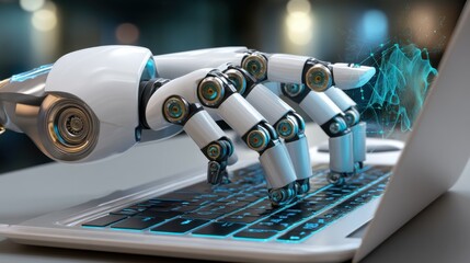Fototapete - Robotic hand using a laptop computer, futuristic technology concept.  AI automation, digital transformation, and artificial intelligence themes. : Generative AI