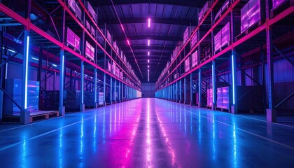Poster - Neon Lit Cargo Warehouse with Ambient Lighting and Pallet Racking