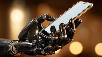 Aufkleber - A robotic hand, sleek and metallic black with gold accents, delicately holds a modern smartphone, showcasing advanced technology and futuristic design. : Generative AI