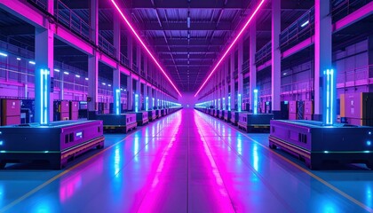 Poster - Neon-lit Dock Facility Featuring Robotic Pickers at Dawn