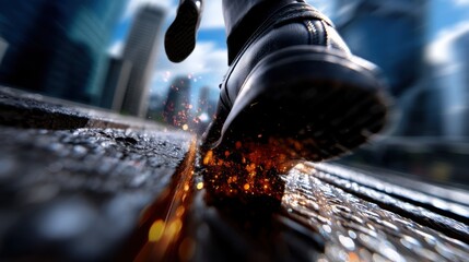 Aufkleber - A close-up shot of a person's shoe igniting sparks as they walk on a dark, textured surface, with a blurred city backdrop suggesting rapid movement and intense energy. : Generative AI