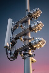 Aufkleber - Close-up view of a modern telecommunications tower against a twilight sky, showcasing its intricate metallic structure and antennas. : Generative AI