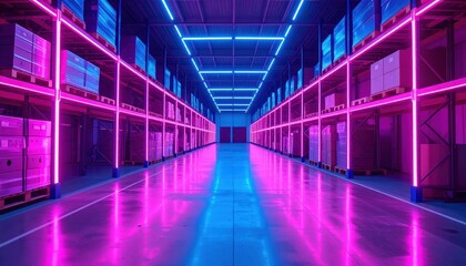 Poster - Vibrant Neon-Lit Fulfillment Center with Pallet Racking and Glow