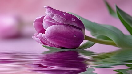 Poster - A single purple tulip, delicately poised above a tranquil pink water reflection, showcases its vibrant petals and glistening dewdrops. : Generative AI