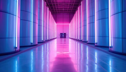 Poster - Neon Lit Grain Silo Interior with Robotic Pickers in Soft Light
