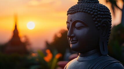 Aufkleber - Serene Buddha statue at sunset, a peaceful scene with a temple in the background, conveying tranquility and spiritual contemplation. : Generative AI