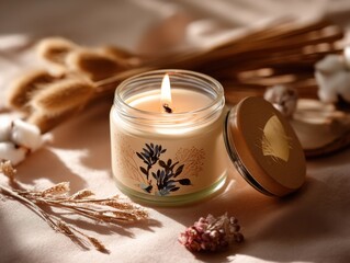 Poster - Scented candle with floral design, burning brightly, surrounded by dried flowers and cotton on a beige fabric surface, illuminated by soft sunlight. : Generative AI