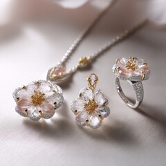 Aufkleber - Elegant jewelry set featuring rose quartz and diamond flower pendants, earrings, and ring, showcasing delicate craftsmanship and luxurious design. : Generative AI