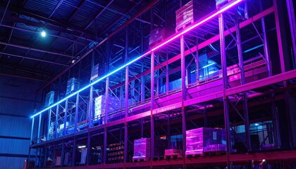 Poster - Neon-Lit Warehouse Mezzanine with Flickering Lights at Night